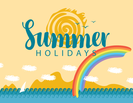 Travel banner with the inscription of the summer holidays and seascape with mountains and a rainbowのイラスト素材