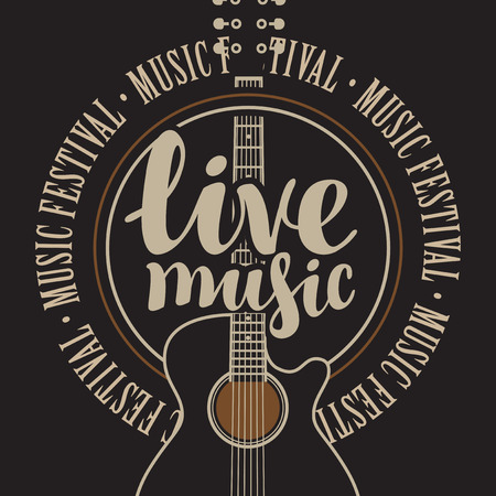 banner with acoustic guitar, inscription live music and the words music festival, written aroundのイラスト素材