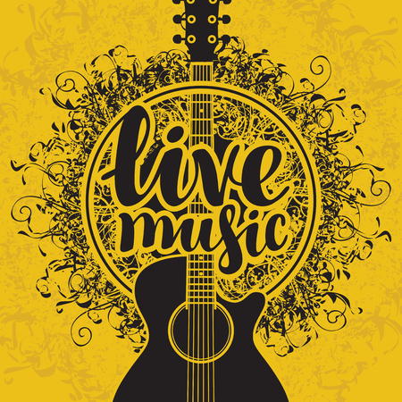 banner with acoustic guitar and inscription live music on arts backgroundのイラスト素材