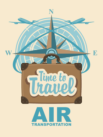 vector banner with a travel suitcase and passenger planes against the backdrop of the compass Windrose, the inscriptions time to travel.のイラスト素材