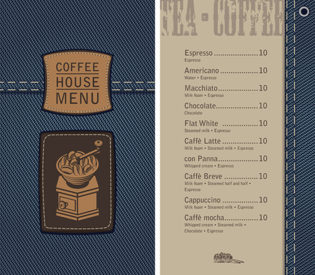 vector menu for coffee house on denim background with price list and a leather label with a picture of an retro coffee grinderのイラスト素材