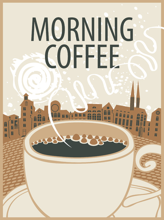 vector banner with a cup of coffee and inscription morning coffee on background of old town in retro styleのイラスト素材