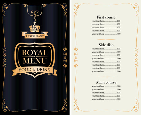 royal menu for restaurant or cafe with price list, gold crown and curly frame in baroque styleのイラスト素材