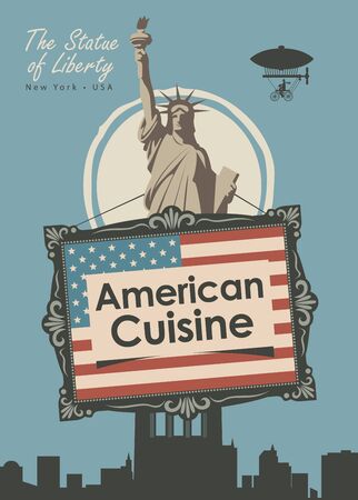 vector banner for a restaurant American cuisine with american flag and statue of libertyのイラスト素材