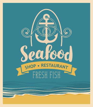 Retro banner for a seafood restaurant or shop with an anchor and rope on the background of the seaのイラスト素材