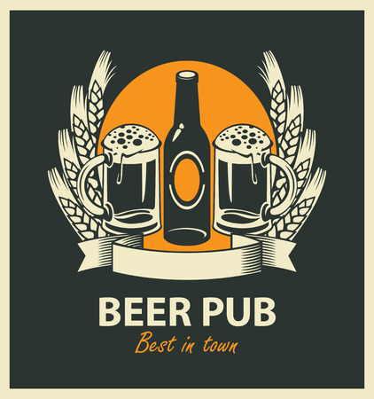 vector emblem for beer pub with two full glasses of beer, bottle, wheat ears and ribbonのイラスト素材