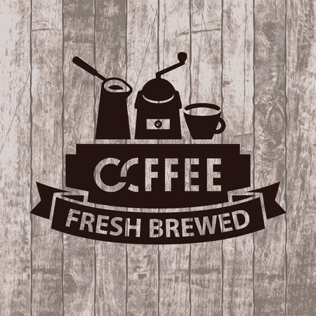 Template vector banner with cezve, grinder and cup of coffee on wooden background with text fresh brewed coffeeのイラスト素材