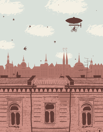vector landscape with the roofs of the old town, cloudy sky, blimp and swallows in retro styleのイラスト素材