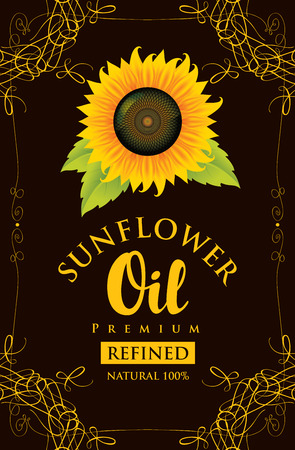 vector label for refined sunflower oil with sunflower and the inscription on black background in curly frameのイラスト素材