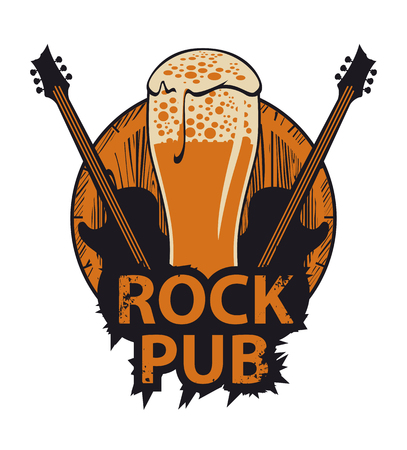 vector banner for the pub with live music.Illustration with a wooden keg, beer glass, guitars and words rock pub in retro styleのイラスト素材