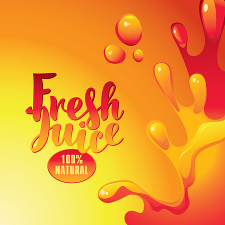 vector banner with the inscription fresh juice and drops and splashes on orange backgroundのイラスト素材