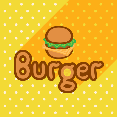 Vector poster in flat style with burger on the background of the yellow tablecloth with polka dots. Template for flyers, banners, invitations, brochures and covers.のイラスト素材