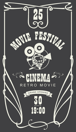 Vector cinema movie festival poster with old fashioned movie camera in retro style.のイラスト素材