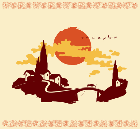 Chinese mountain village landscape with bridge and flying herd of birds on sunsetのイラスト素材