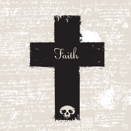 Christian cross with a skull and spray droplets and inscription Faith on the background of manuscript with blotsのイラスト素材