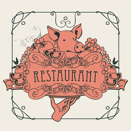 Vector restaurant menu with a picture of a hand with a tray on which is a still life with piglet, vegetables and cheese in a Baroque style with a curly frame.のイラスト素材