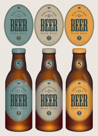 Three template beer labels and neck labels on glass bottles with caps. Vector illustration in retro style.のイラスト素材