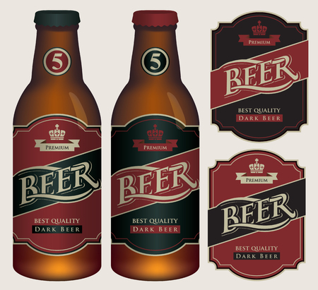 Two vector beer labels in retro style on black and red background. Templates labels for dark beer on glass bottles.のイラスト素材