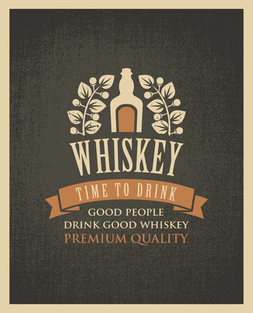 Vector banner with the words time to drink. A bottle of whiskey and a Laurel wreath on a fabric background in retro style. Good people drink good whiskey.のイラスト素材