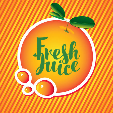 Vector banner with orange and fresh juice of inscription in a round frame on a red, orange and yellow striped background.のイラスト素材