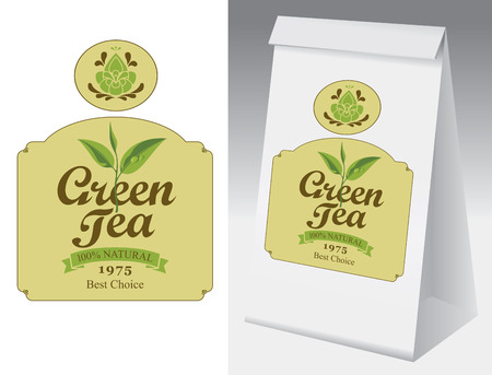 Paper packaging with label for green tea. Vector label for green tea with branch with leaves tea and paper 3d package with this label.のイラスト素材