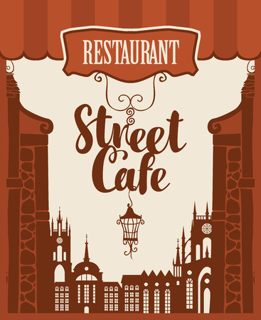 Vector banner for street cafe with inscription and lantern on the background of houses in the old townのイラスト素材