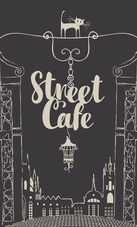 Vector banner for street cafe with street sign on the dark background of old city landscape in retro styleのイラスト素材