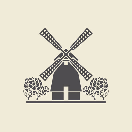 Icon of a stylized windmill with trees. Flat vector isolated silhouette.のイラスト素材