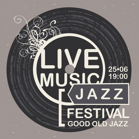 Vector banner for jazz festival live music with wind instruments, vinyl record and microphone on the gray cardboard background in retro styleのイラスト素材