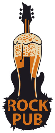 Vector banner for the pub with live music. Illustration with a beer glass, guitar and words rock pub in retro styleのイラスト素材