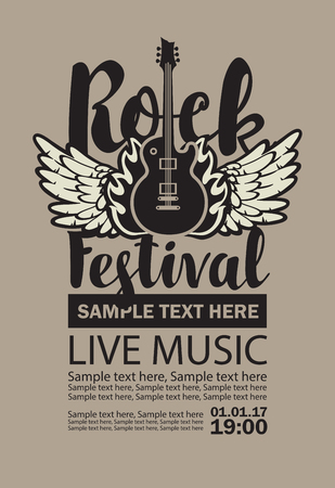 Vector billboard for Rock Festival live music with an electric guitar, wings, fire and place for textのイラスト素材