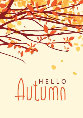Vector banner with the words Hello autumn. Autumn landscape with autumn leaves on the branches of trees in a Park or forestのイラスト素材
