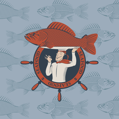 Vector banner for seafood with a hand-wheel and a smiling chef with the fish on the tray.のイラスト素材