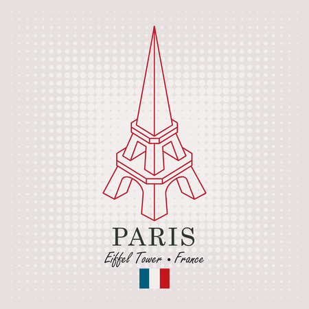 Vector schematic drawing of the Eiffel tower with the inscription and the French flag on abstract backgroundのイラスト素材