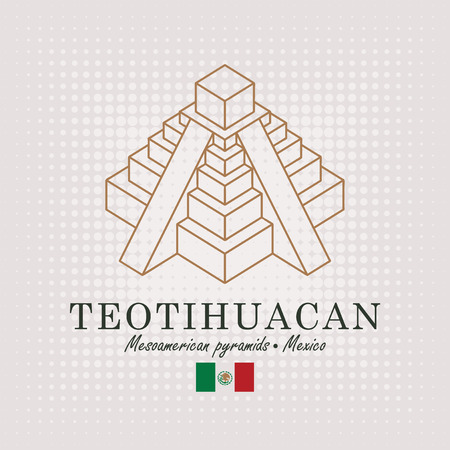 Vector schematic drawing of the mesoamerican pyramids in Mexico with the inscription and the mexican flag on abstract backgroundのイラスト素材