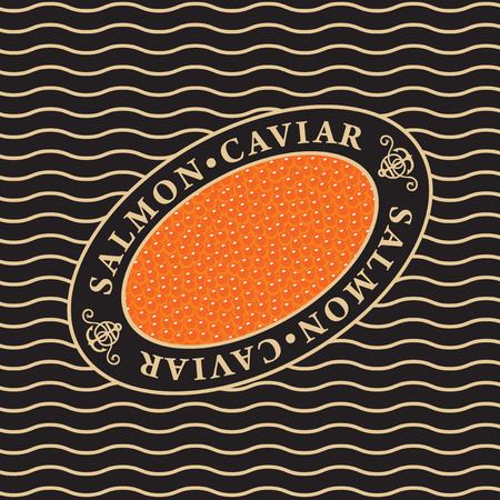 Vector label for salmon red caviar in oval frame on the waves background. Design element for fish-menu, banners, wrapping paper.のイラスト素材