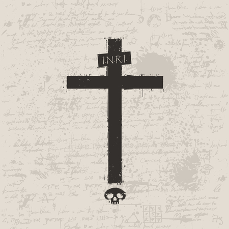 Vector sign of dark cross with a skull and spray droplets on the background of manuscript with blots in grunge styleのイラスト素材