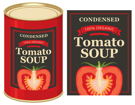 Vector illustrations set of tin cans with the label and labels for the condensed tomato soup with the image of a cut tomatoのイラスト素材