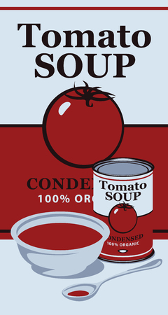 Vector banner with tin can with the label for the condensed tomato soup and bowl and spoon with tomato soupのイラスト素材
