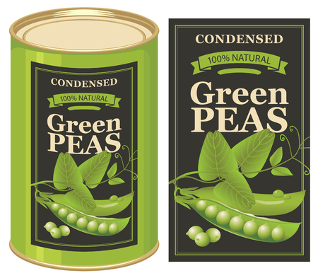 Vector illustration of tin can with a label for canned green peas with the realistic image of pea pods, tendrils and leaves and calligraphic inscriptionのイラスト素材