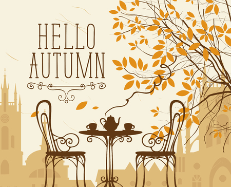 Vector landscape in retro style on the autumn theme with the words Hello autumn, furnished outdoor cafe, two cups and a kettle and autumn tree on a background of an old European cityのイラスト素材