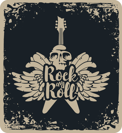 Vector illustration with an electric guitar, wings, feathers and human skull with inscription rock and roll in grunge styleのイラスト素材