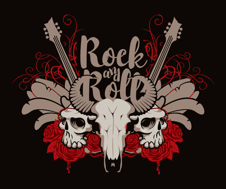 Vector illustration with skulls of a horned animal and human, electric guitar, feathers, red roses, drips of blood and inscription rock and roll.のイラスト素材