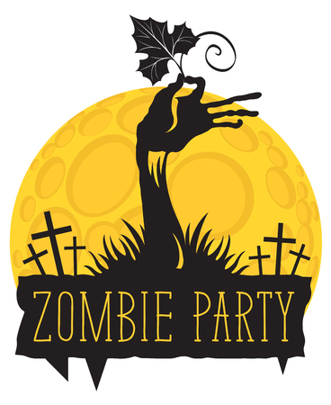 Vector lettering for Zombie party with zombie hand and pumpkin leaf on the cemetery. Halloween inscription for banner, poster, greeting card, party invitation.のイラスト素材