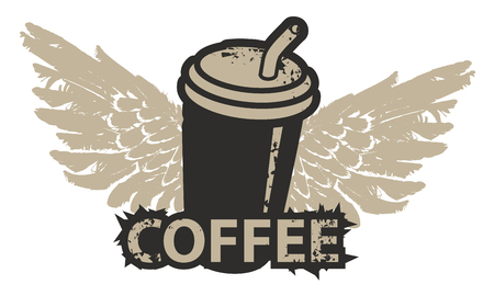 Vector image with a disposable paper coffee cup with wings and straw in grunge styleのイラスト素材