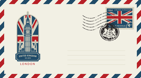 Vector envelope with London Big Ben, a postage stamp with flag of United Kingdom and rubber stamp in form of royal coat of armsのイラスト素材