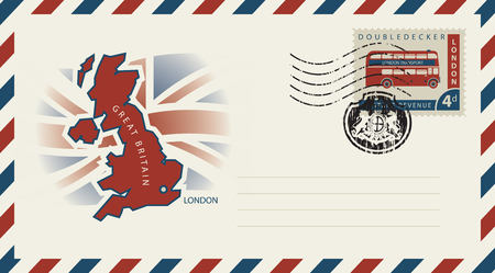 Vector envelope with map and flag of Great Britain, a postage stamp with double-decker London bus and rubber stamp in form of royal coat of arms of United Kingdomのイラスト素材