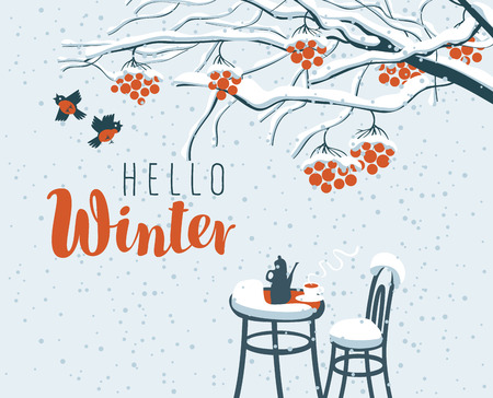 Vector winter landscape with inscription Hello winter, with snow-covered branches and red clusters of a rowan tree and open-air cafe.のイラスト素材