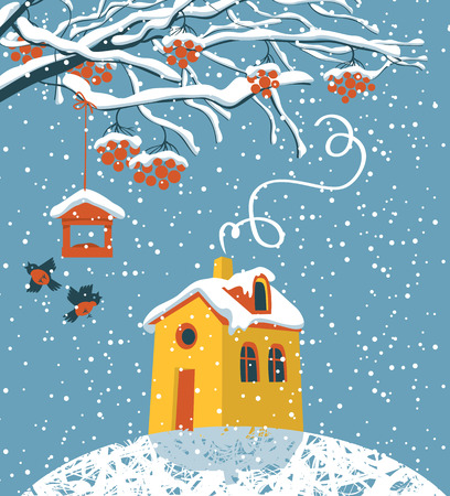 Vector winter landscape with snow-covered branches and red clusters of Rowan, bullfinches and a bird feeder, the yellow house in the snow in flat styleのイラスト素材