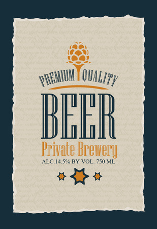 Template vector label for strong beer premium quality produced in the private brewery with hops and stars on a handwritten background with torn edges in retro style.のイラスト素材
